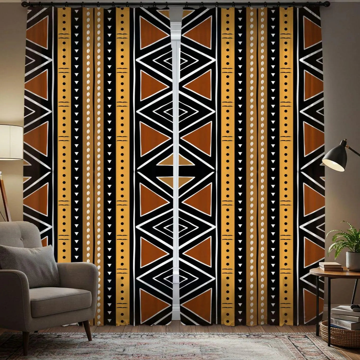 Decorative curtain with geometric pattern in a living room setting