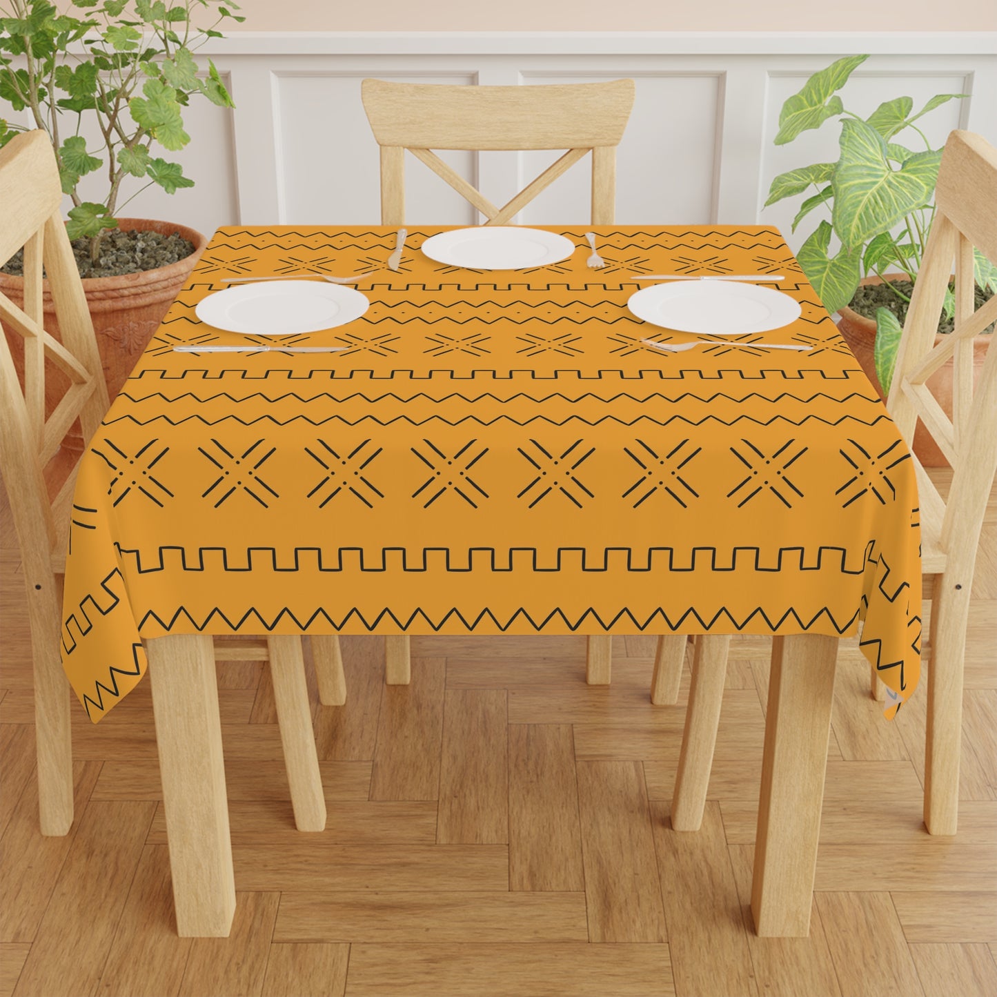 African mudcloth print tablecloth on dining table