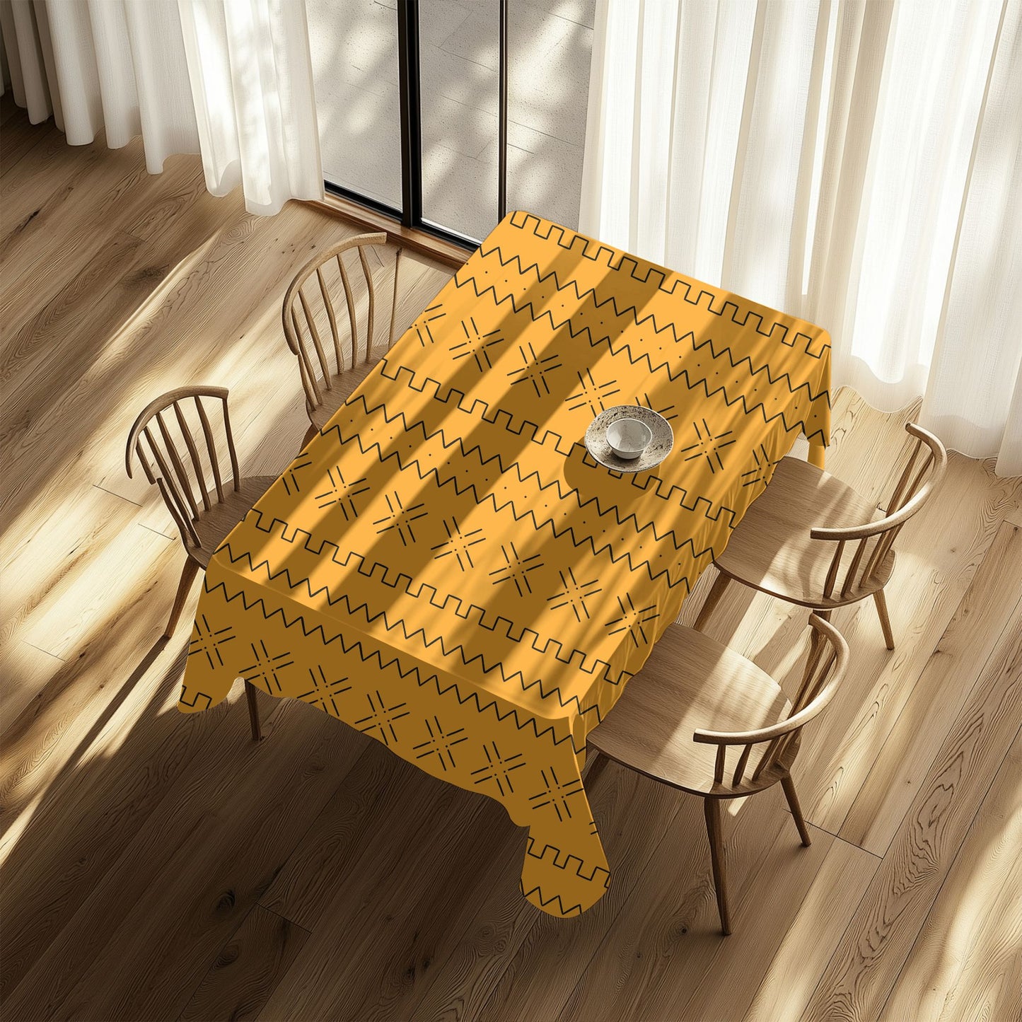Boho tribal pattern tablecloth in modern kitchen