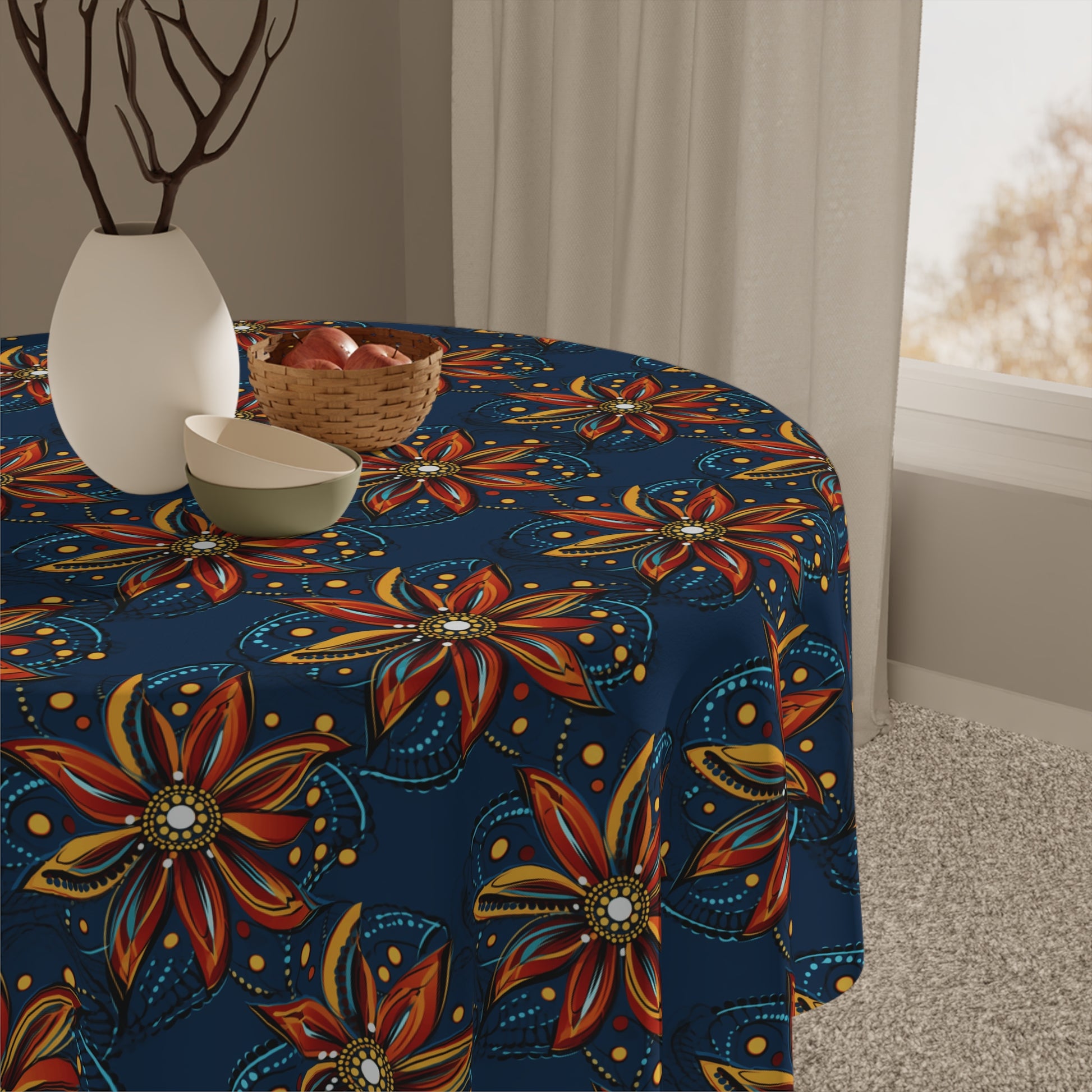 Boho tribal pattern tablecloth in modern kitchen