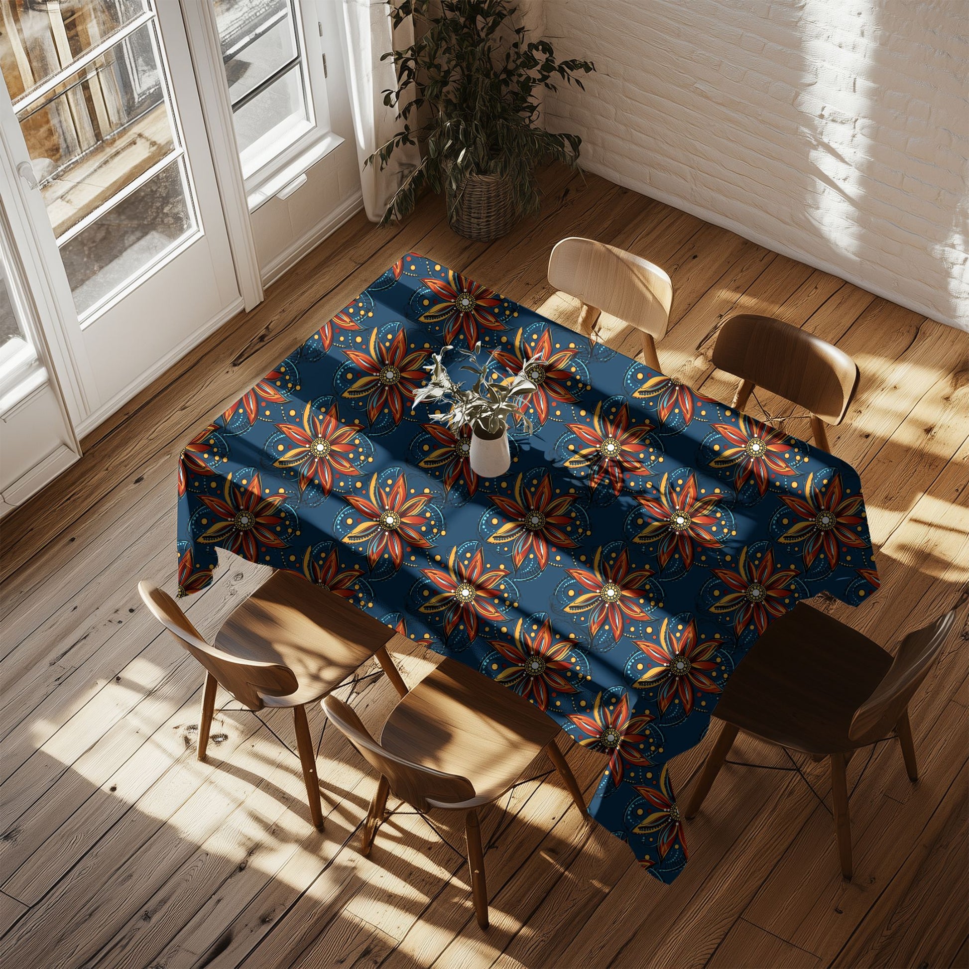 Boho tribal pattern tablecloth in modern kitchen