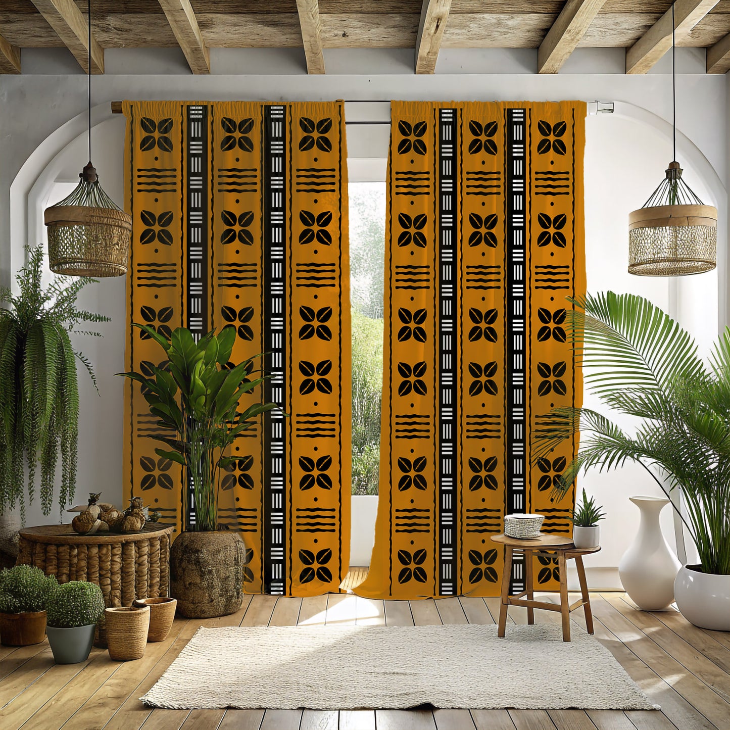 Geometric African window curtain panels