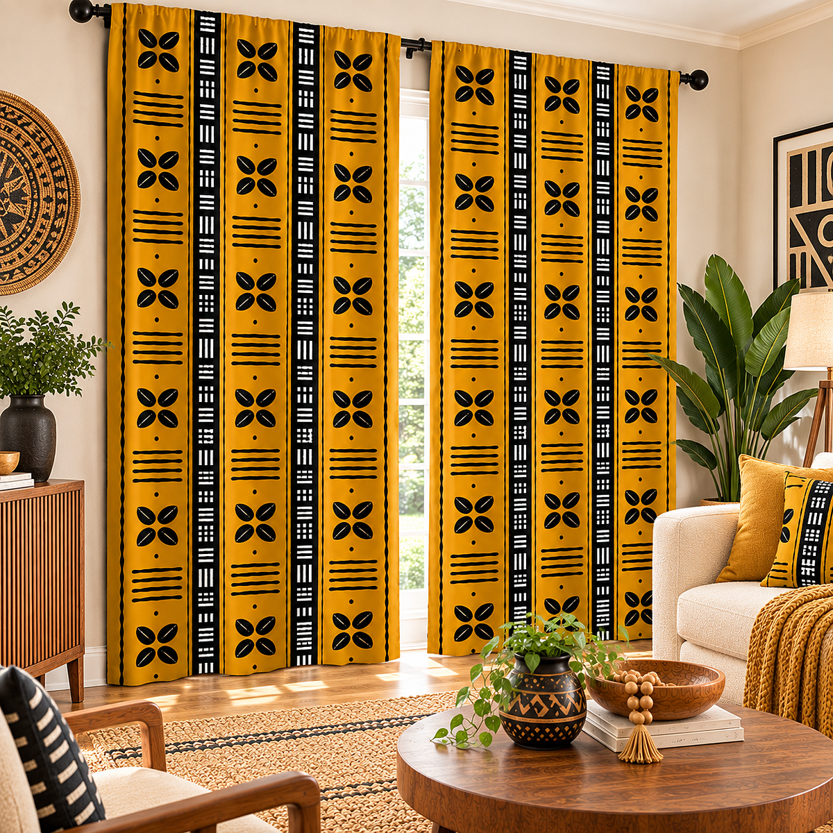 A pair of long window curtains in a mustard yellow fabric with a black tribal-style geometric pattern, hanging in a styled living room setting.