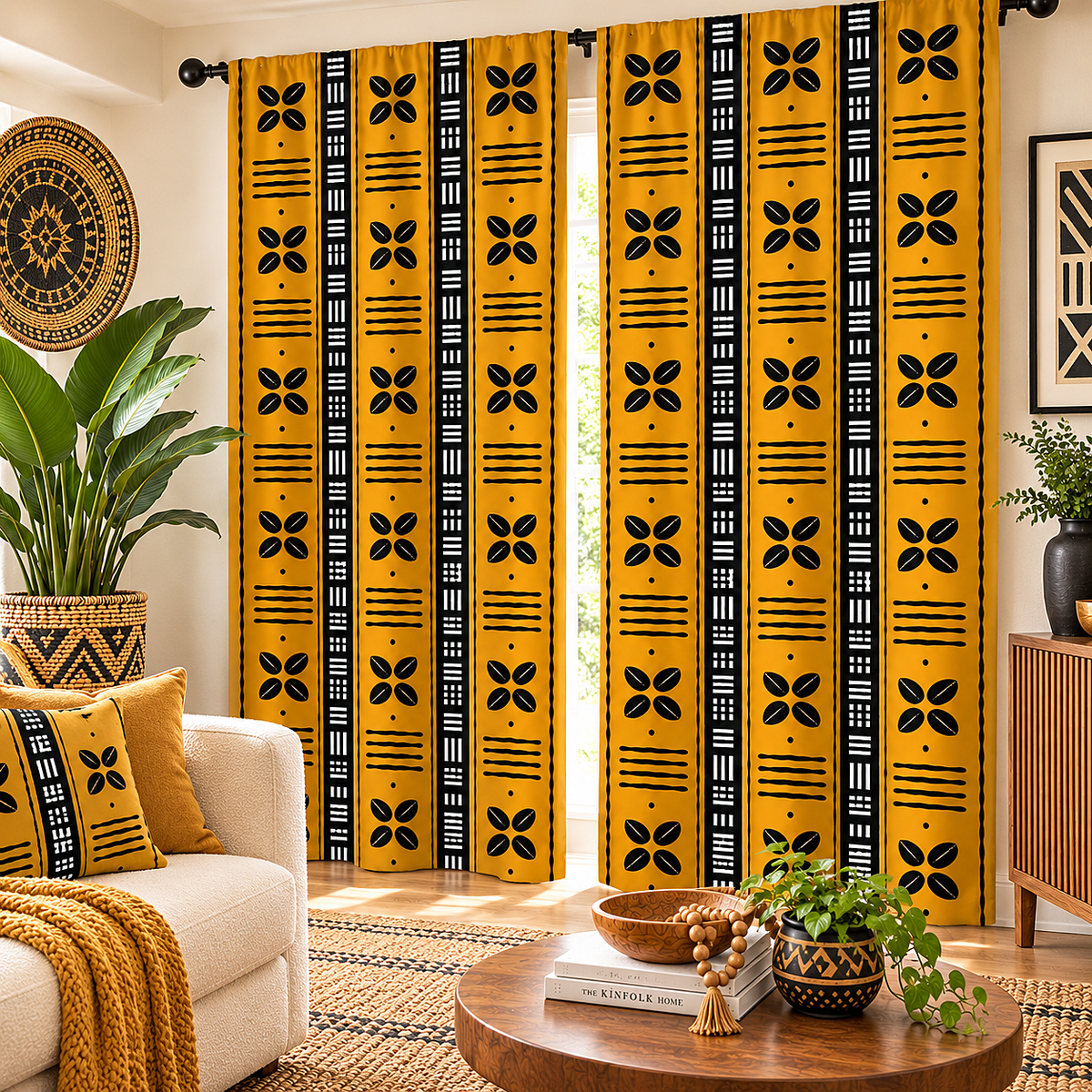 A pair of floor-length window curtains with a bold yellow and black African tribal-inspired pattern, styled in a warm, modern living room setting.