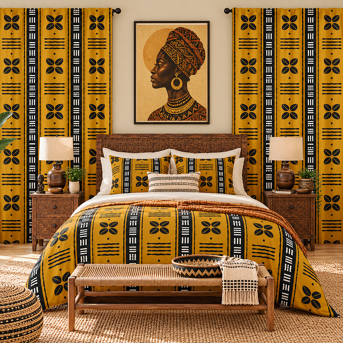 A styled bedroom featuring bold yellow, black, and beige patterned curtains, a matching comforter, and coordinating pillows on a wooden bed. The room is decorated with two bedside tables, matching lamps, a woven bench at the foot of the bed, and a framed portrait of an African woman on the wall.