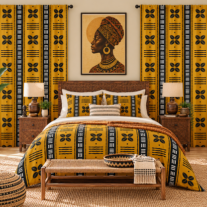 A styled bedroom featuring bold yellow, black, and beige patterned curtains, a matching comforter, and coordinating pillows on a wooden bed. The room is decorated with two bedside tables, matching lamps, a woven bench at the foot of the bed, and a framed portrait of an African woman on the wall.
