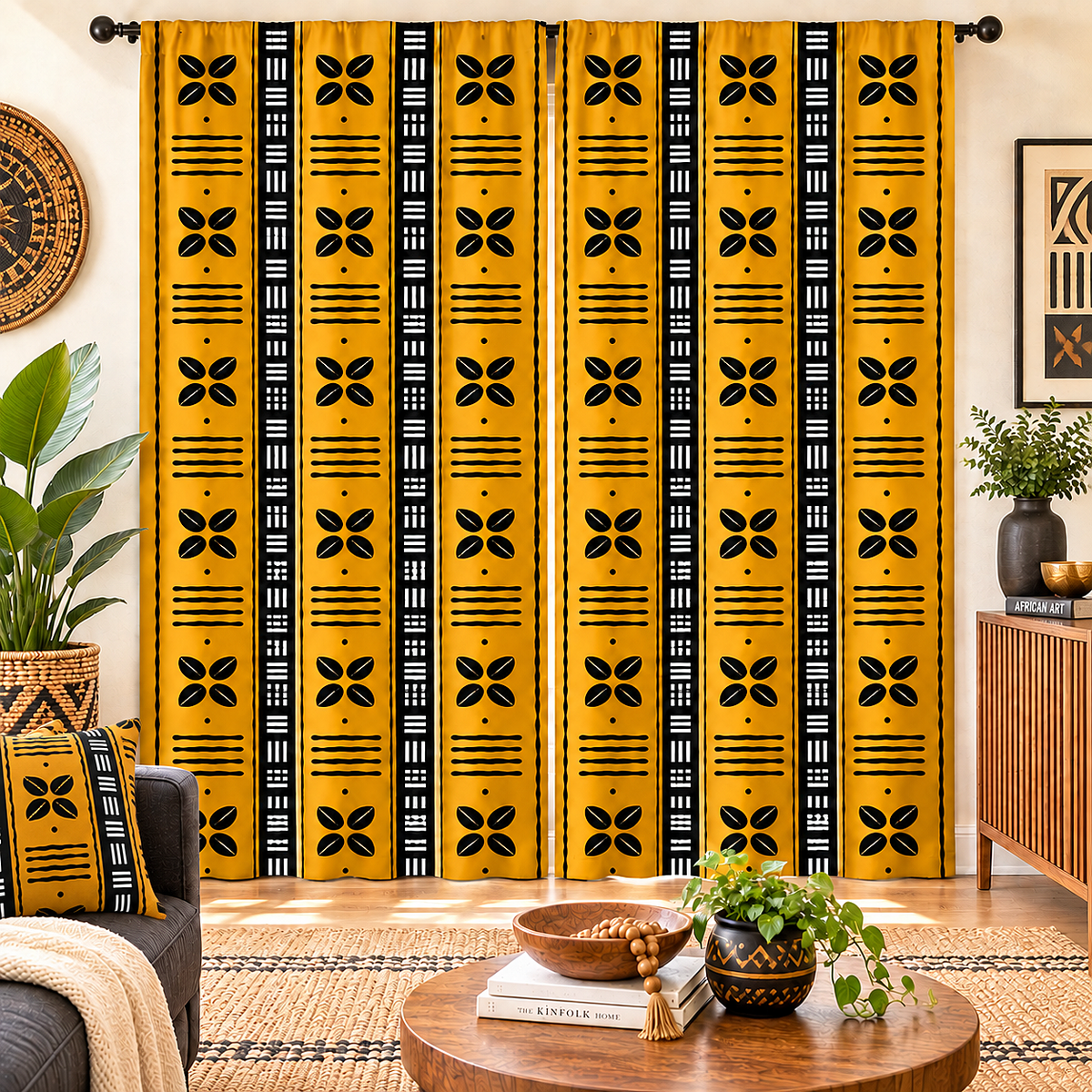 A pair of long window curtains hanging in a styled living room. The curtains feature a bold yellow and black vertical pattern with geometric and floral motifs.