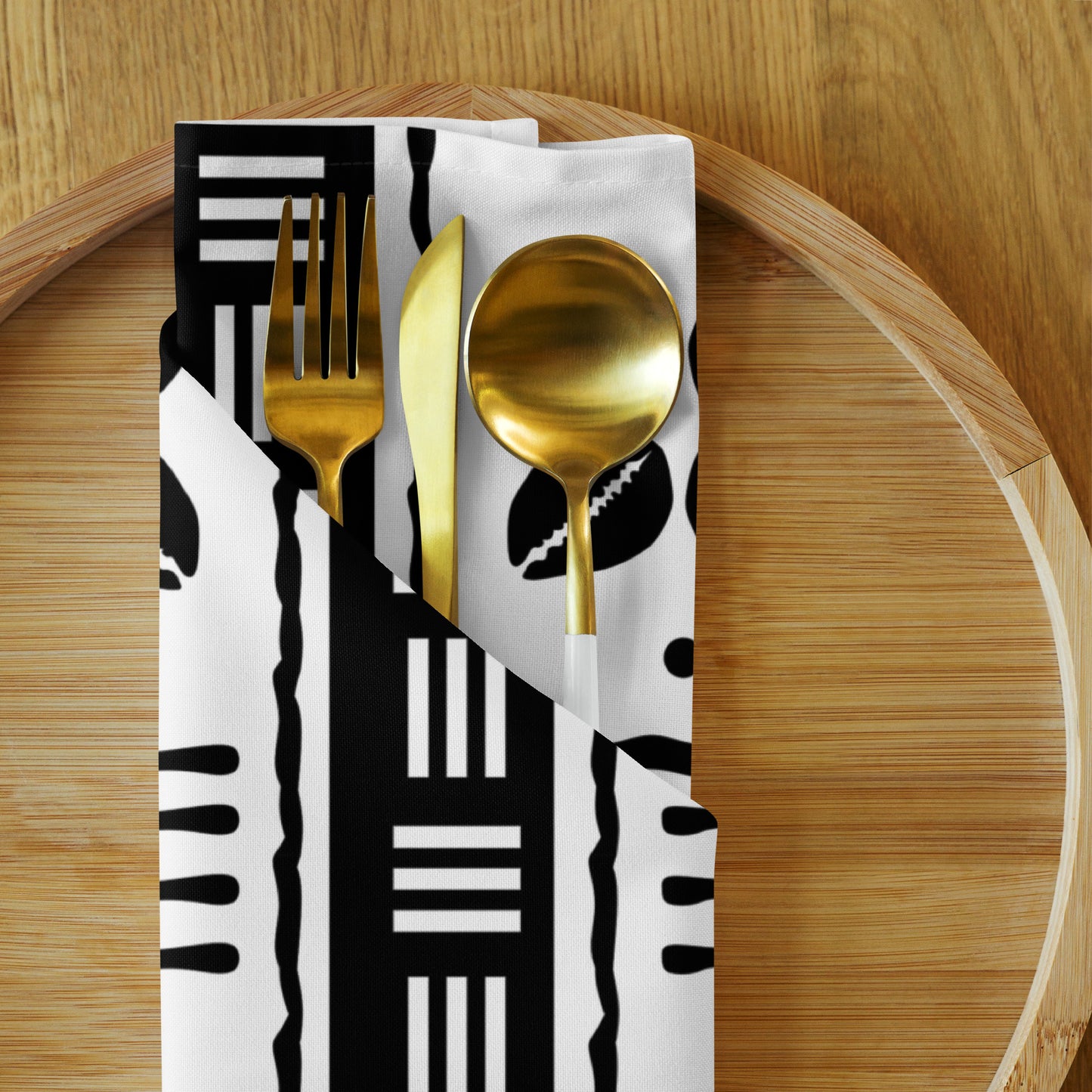 African mudcloth napkins with geometric tribal design for dining décor.