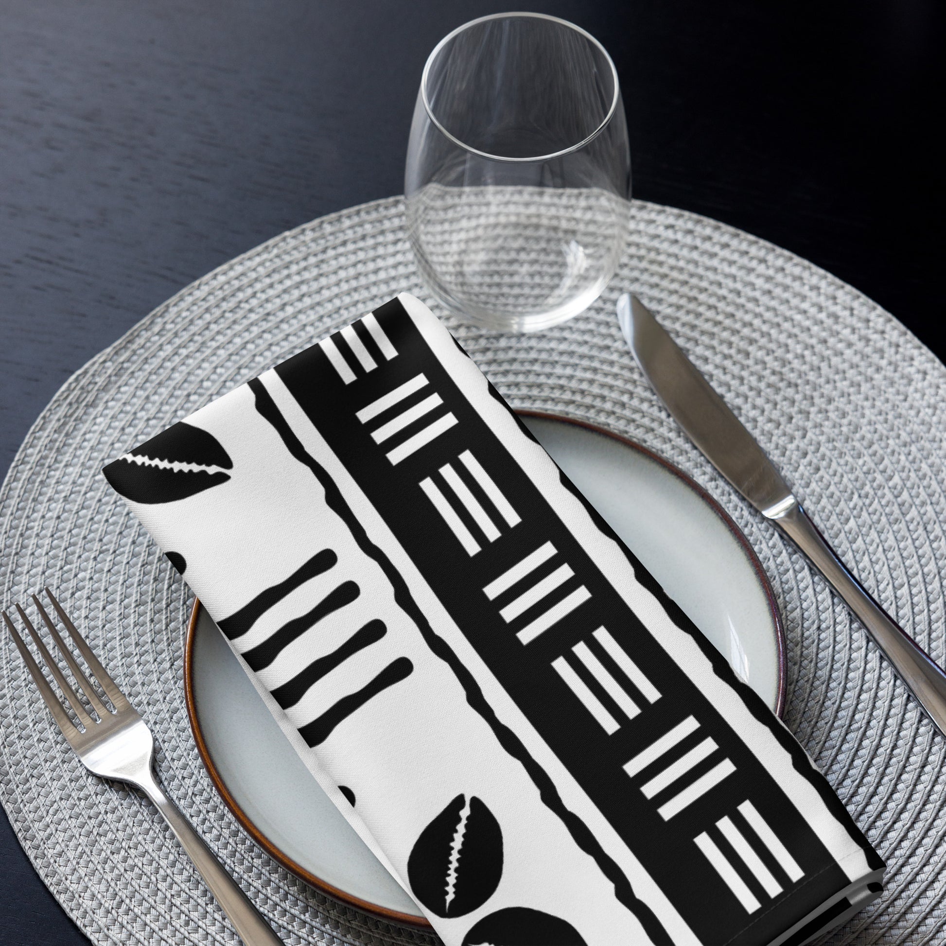 African mudcloth napkins with geometric tribal design for dining décor.