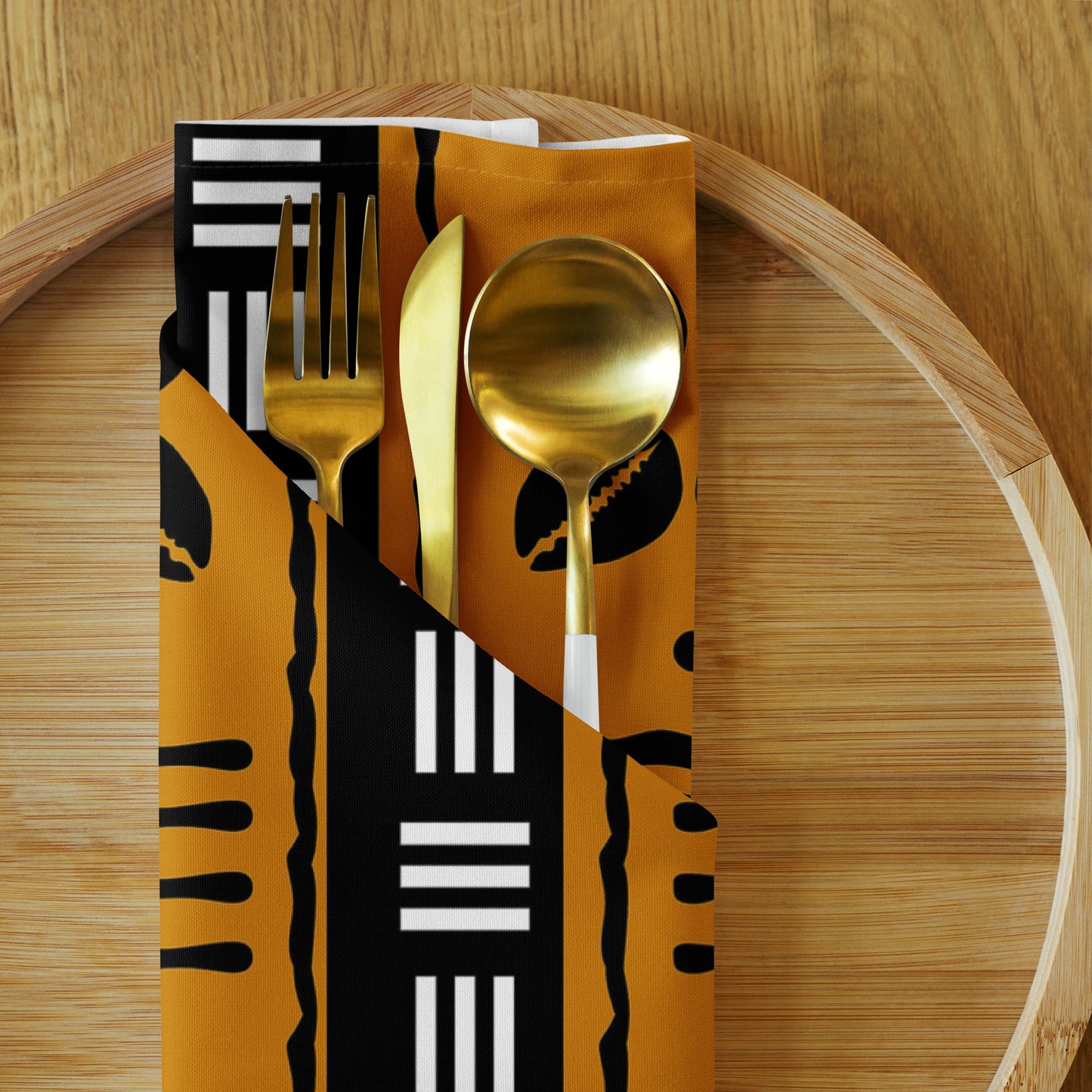 Cultural dining linens including African print napkins, placemats, and table runners.