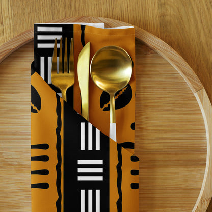 Cultural dining linens including African print napkins, placemats, and table runners.