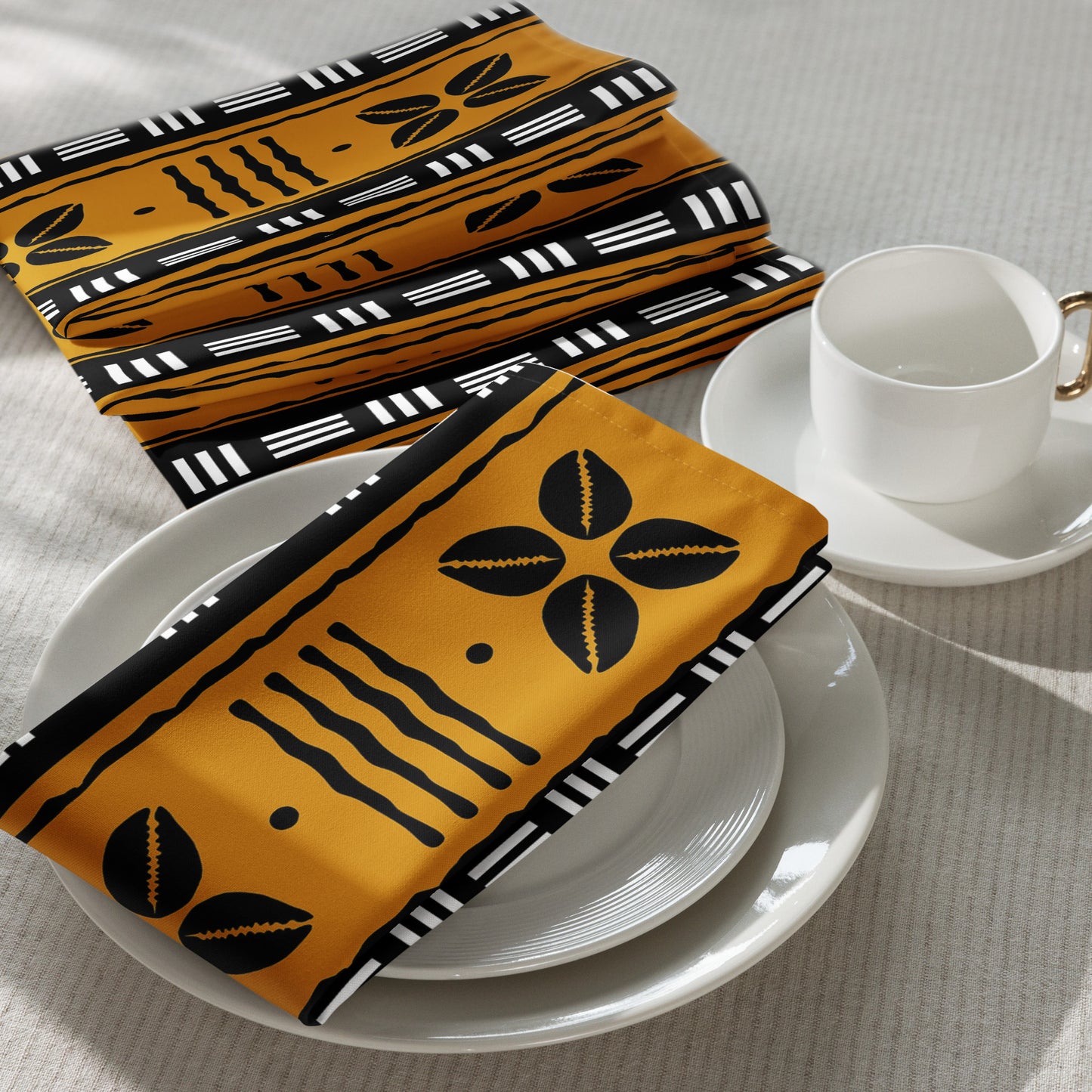African mudcloth napkins with geometric tribal design for dining décor.