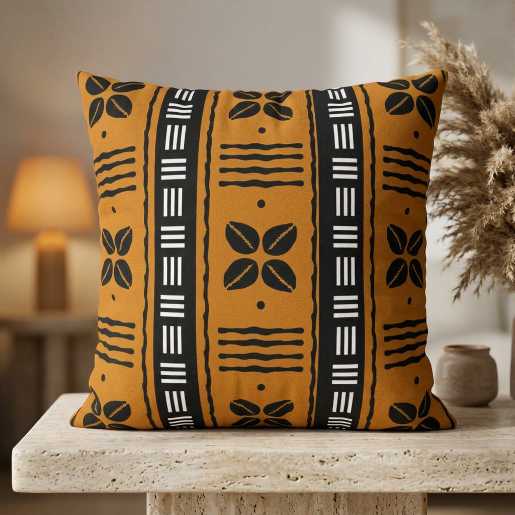 Decorative pillow with black and white patterns on a wooden surface
