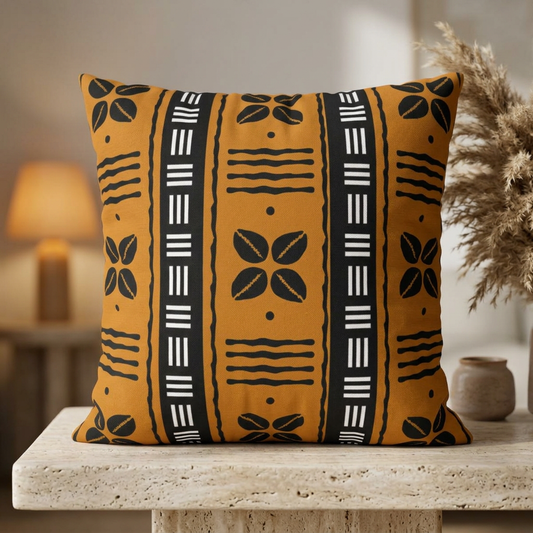 Decorative pillow with black and white patterns on a wooden surface