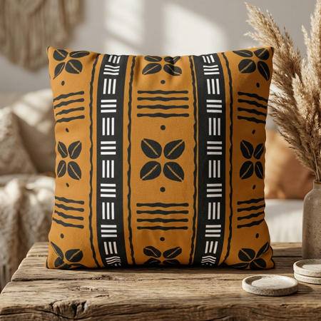 Decorative pillow with black patterns on a wooden surface