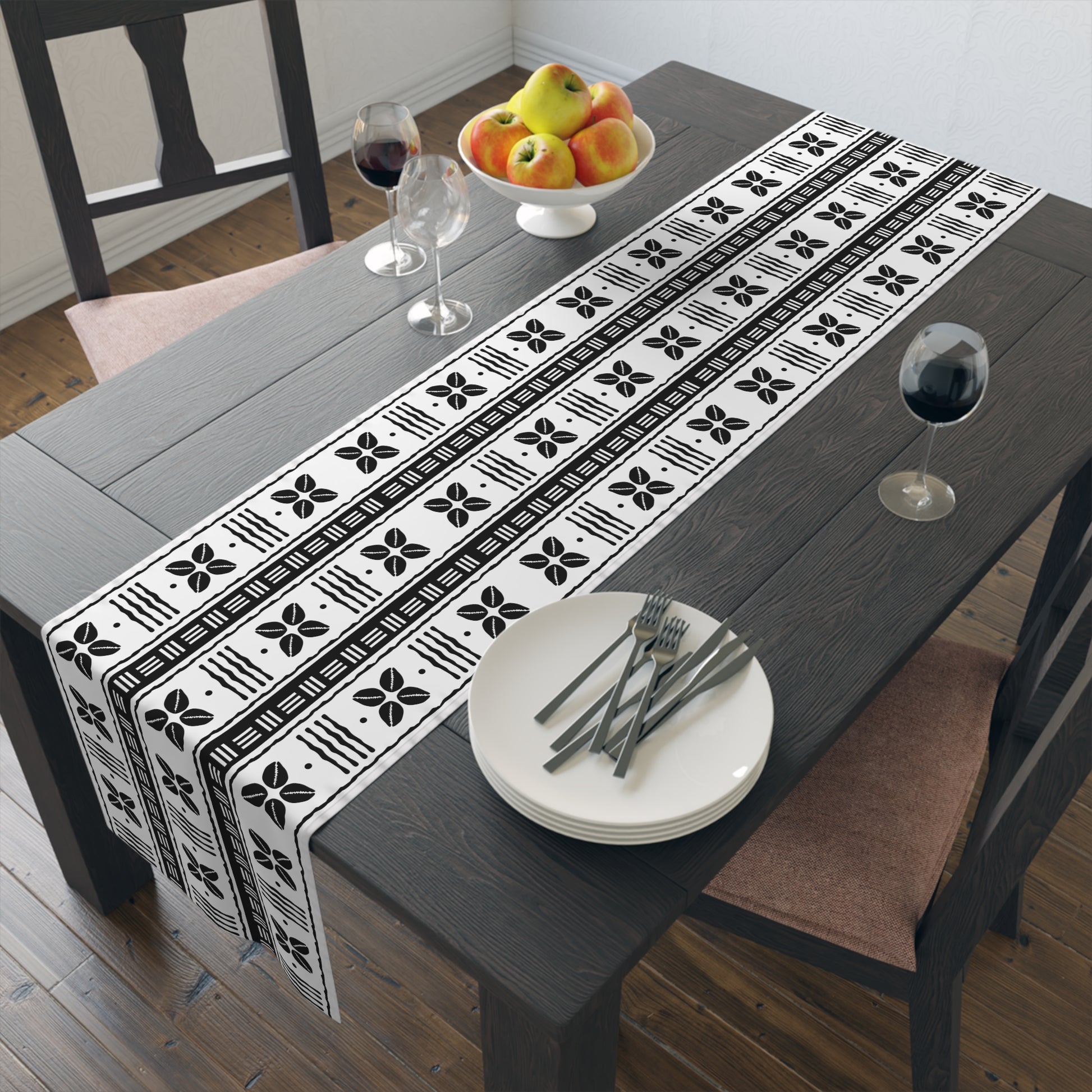 Bohemian table runner featuring spiritual and ethnic patterns in earthy tones.