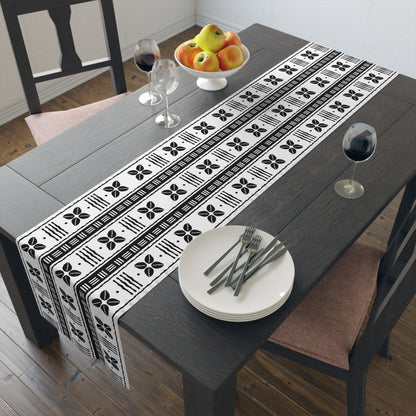 Bohemian table runner featuring spiritual and ethnic patterns in earthy tones.