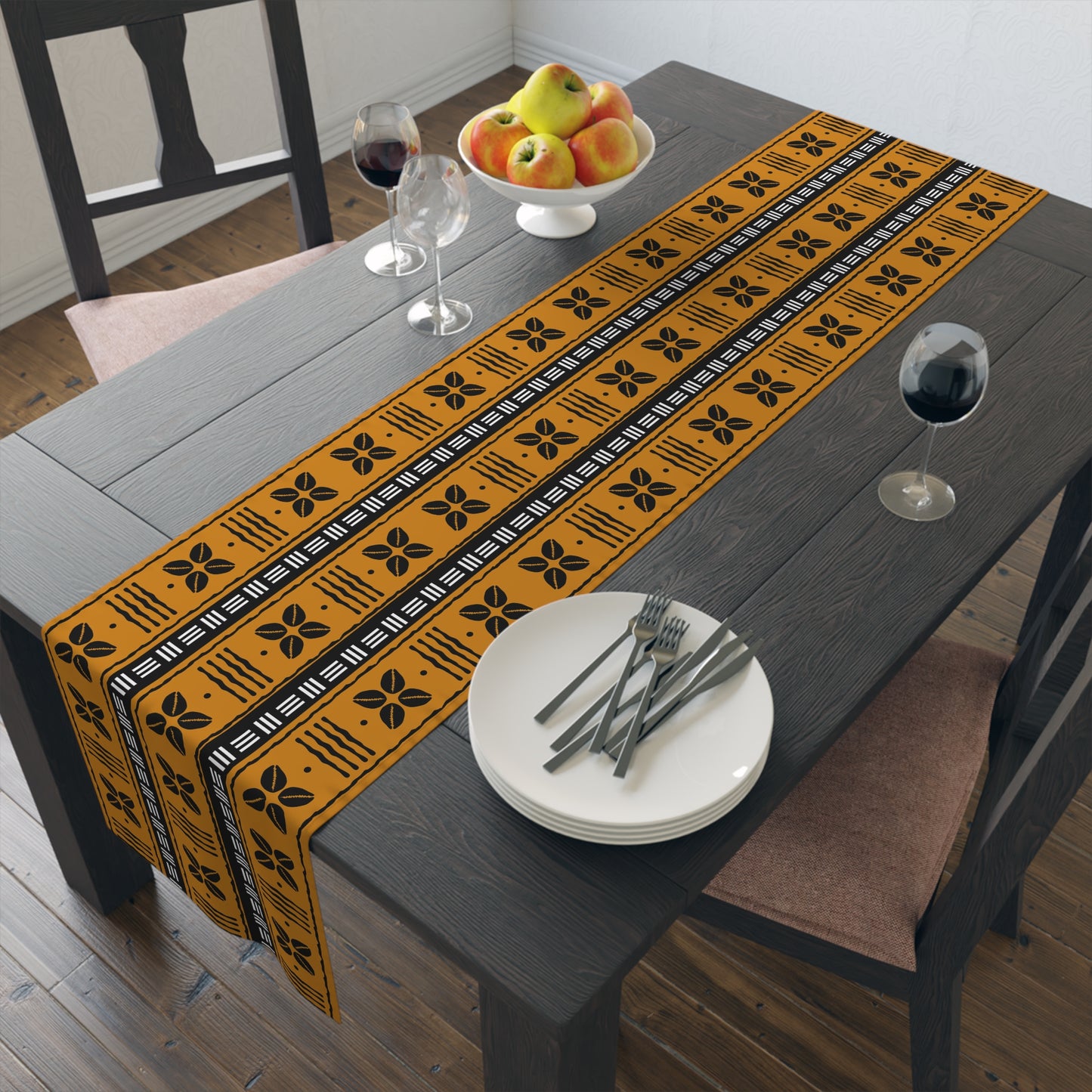 Bohemian table runner featuring spiritual and ethnic patterns in earthy tones.