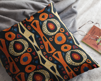 A multicolored geometric patterned African tribal throw pillow cover on an orange sofa.