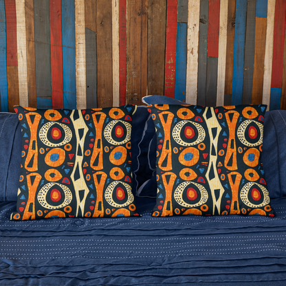 A multicolored geometric patterned African tribal throw pillow cover on a sofa.