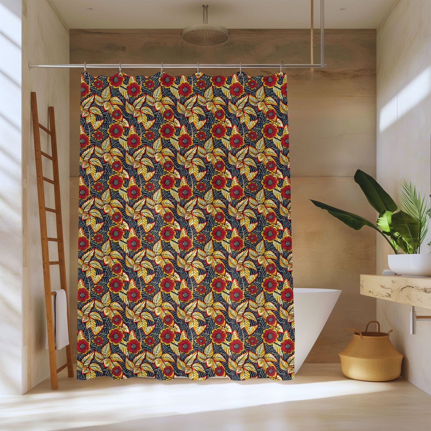Shower curtain with a colorful floral pattern in a bathroom setting