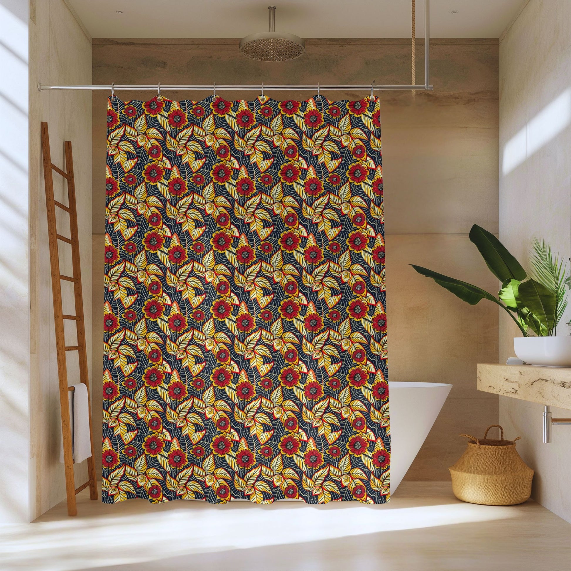 Shower curtain with a colorful floral pattern in a bathroom setting