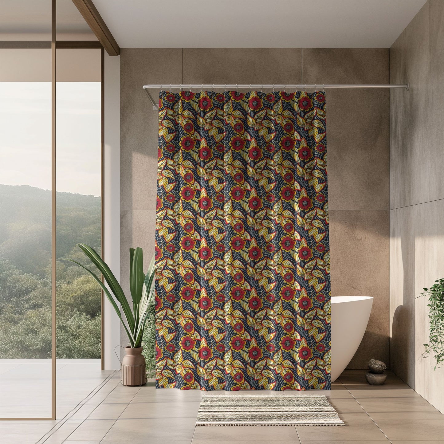 Colorful floral-patterned shower curtain in a modern bathroom with a bathtub and large window.