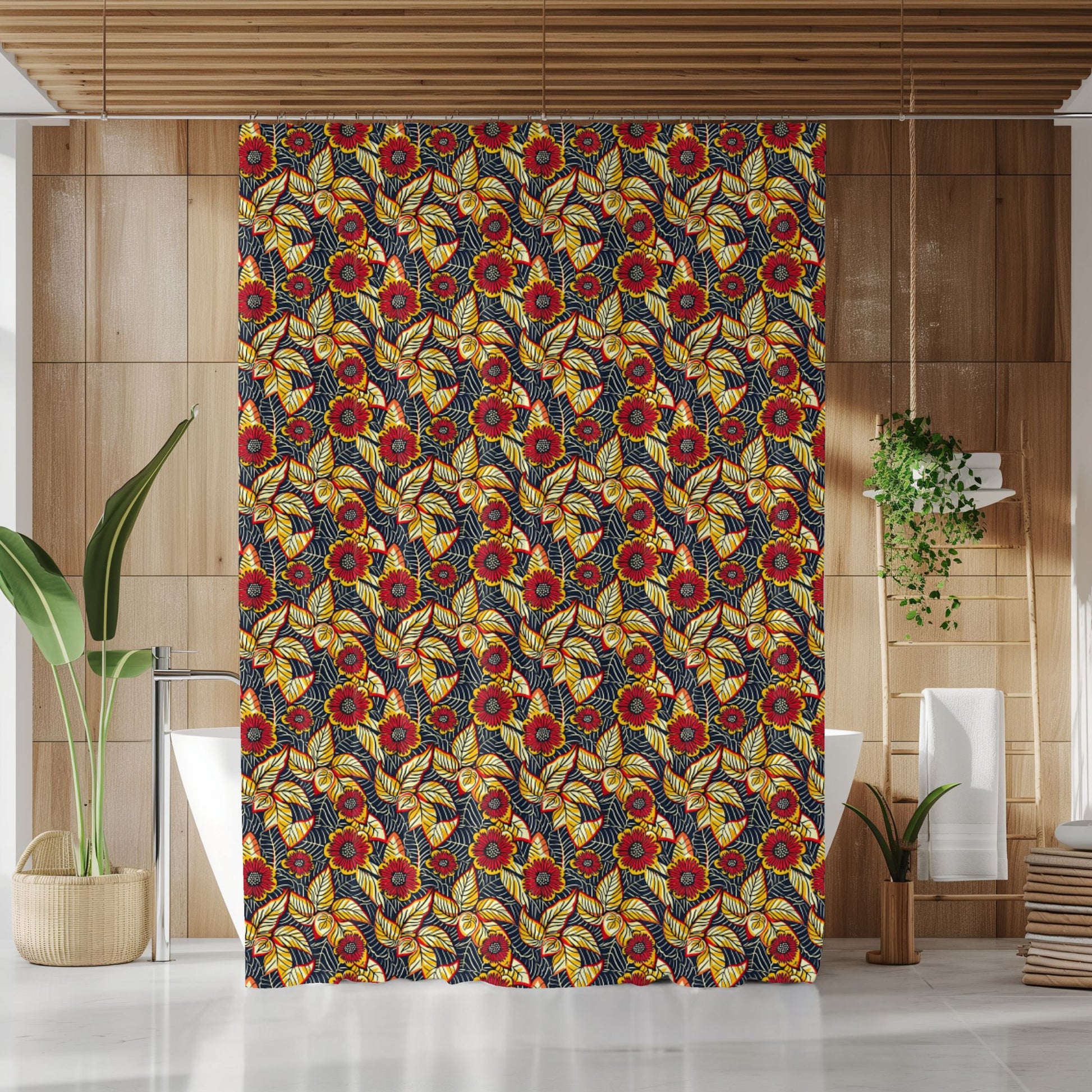 Colorful Ankara wax floral-patterned shower curtain in a bathroom setting