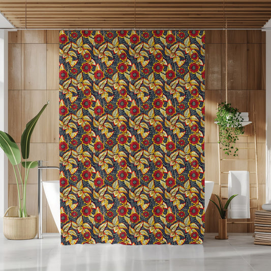 Colorful Ankara wax floral-patterned shower curtain in a bathroom setting