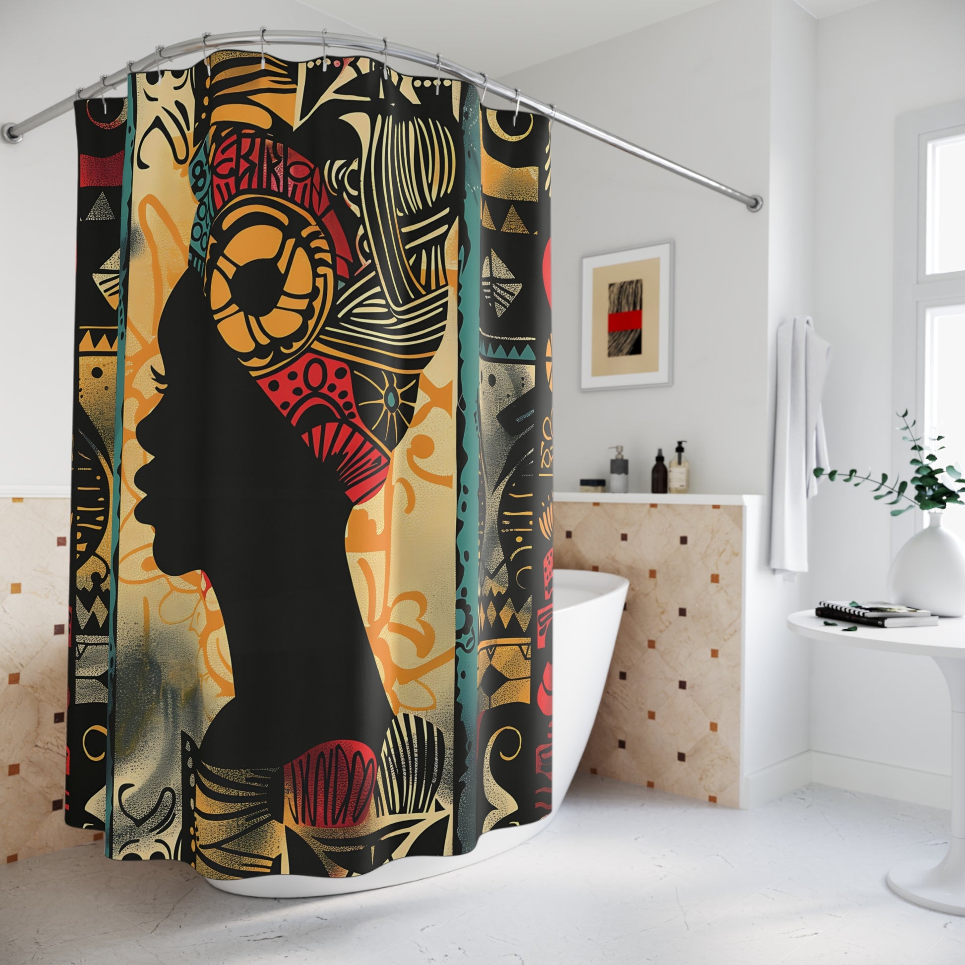 Shower curtain with a colorful design of a woman's profile in a bathroom.