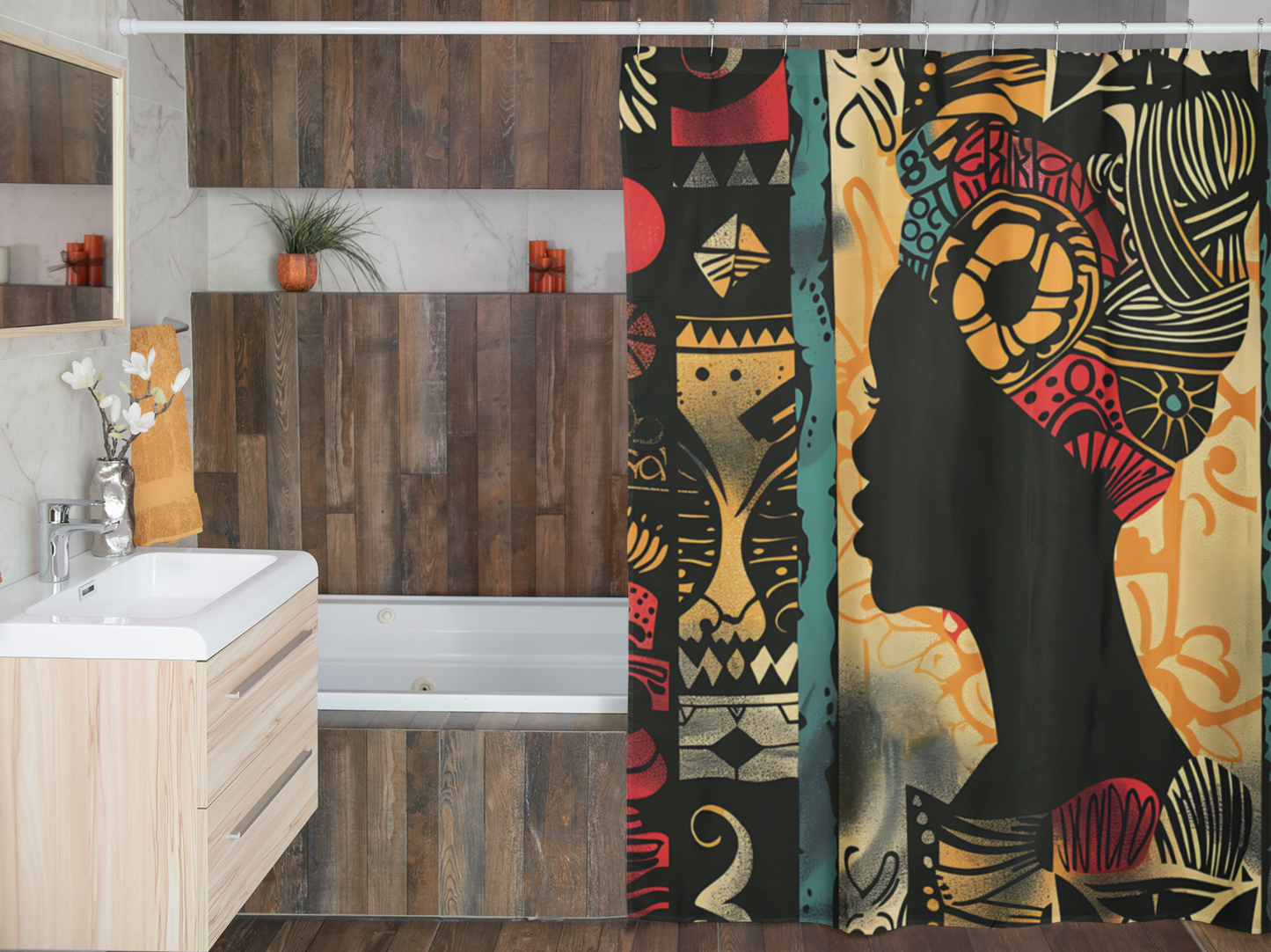 Bathroom with a wooden vanity and decorative shower curtain featuring a silhouette design.