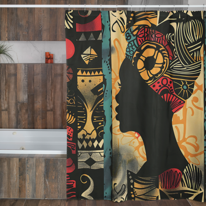 Bathroom with a wooden vanity and decorative shower curtain featuring a silhouette design.