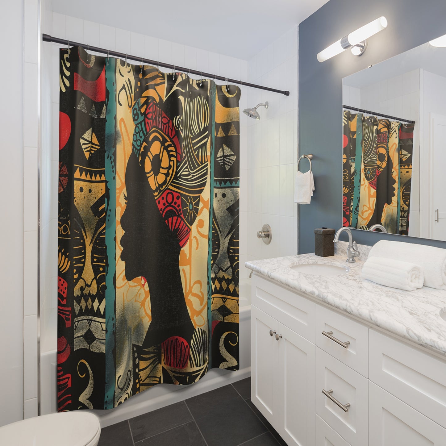 Bathroom with a colorful shower curtain featuring a silhouette design.