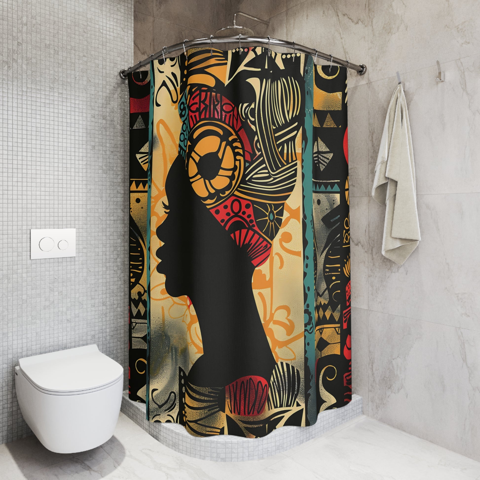 Shower curtain with a colorful design of a silhouette against a gray tiled bathroom wall.