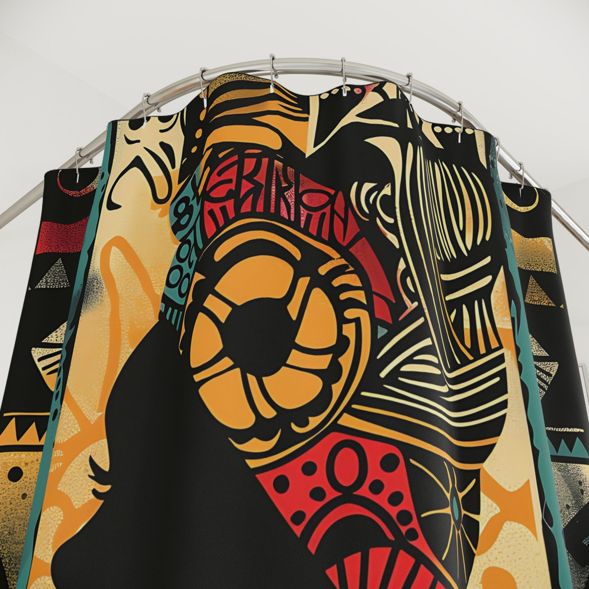 Colorful patterned aprons hanging on a rack against a white background