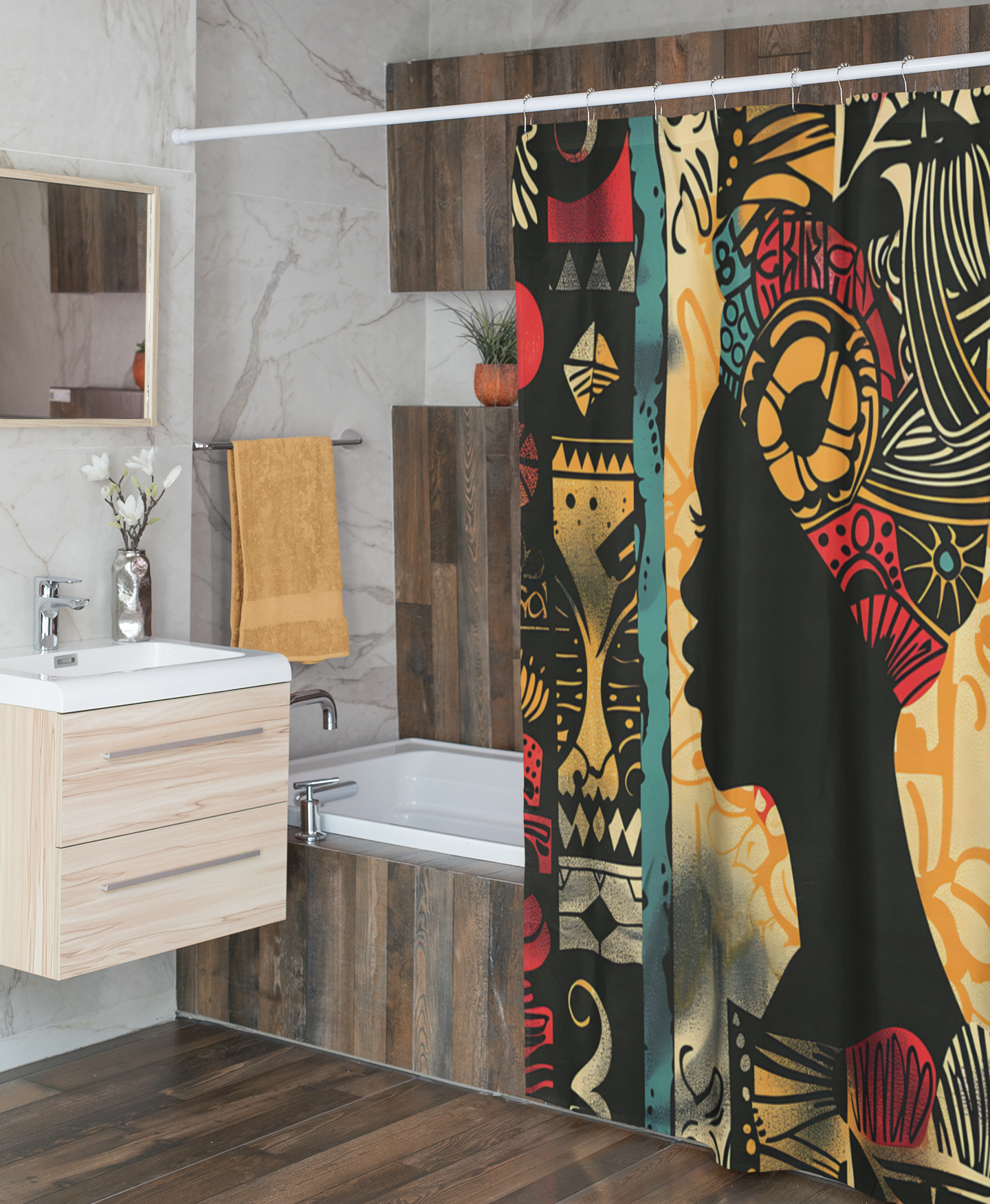 Bathroom with a colorful shower curtain featuring abstract designs.
