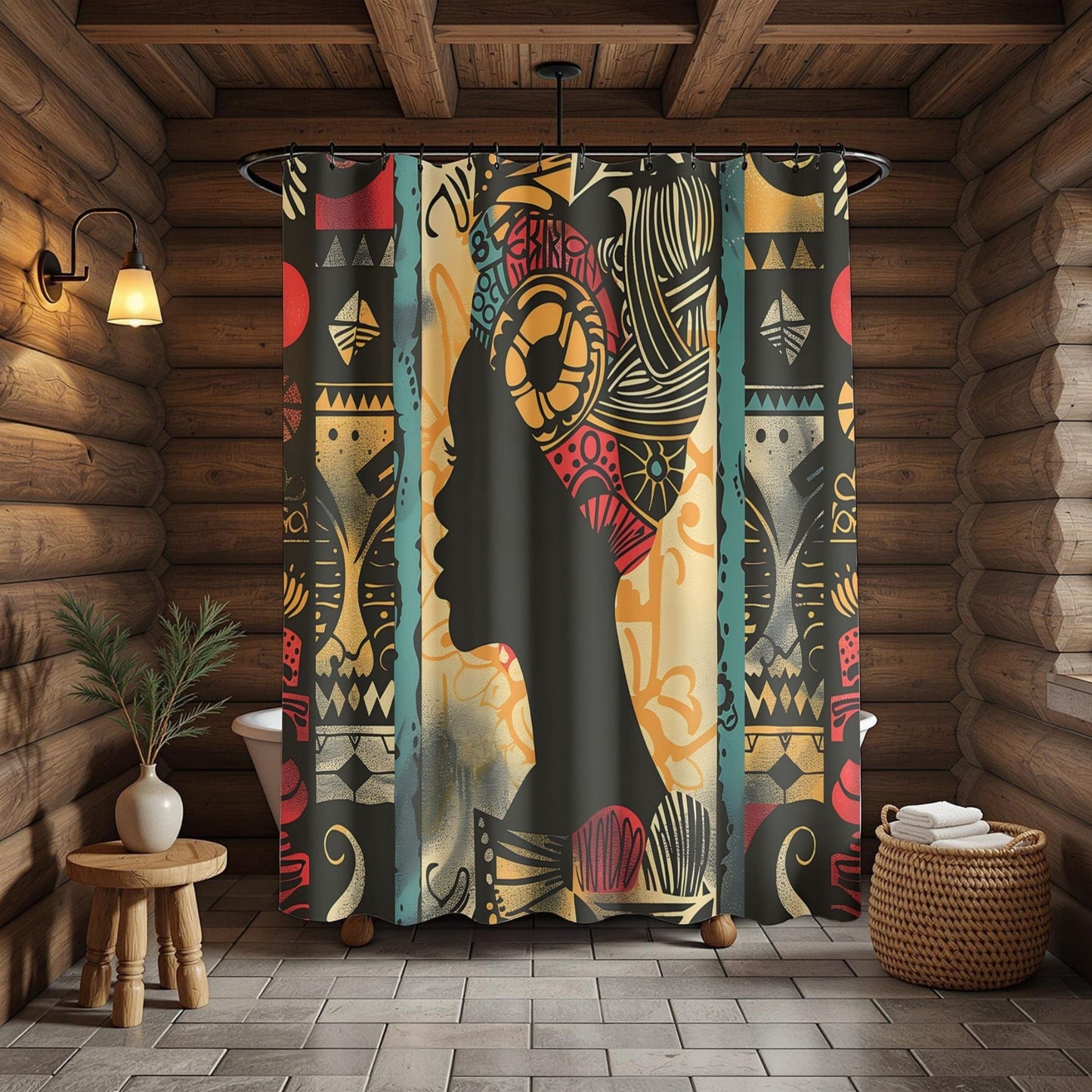 Decorative curtain with abstract patterns in a rustic wooden room.