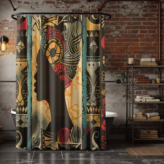 Shower curtain with elephant design in a bathroom with brick walls and a shelf.