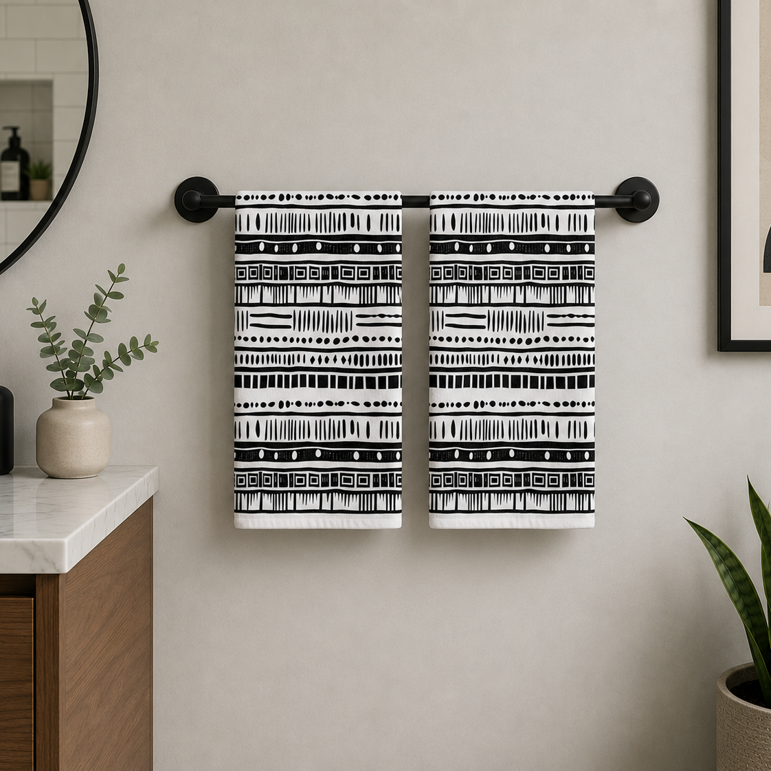 Two black and white patterned towels hanging from a black metal towel bar on a beige bathroom wall, with a vanity, mirror, and plants visible in the room.