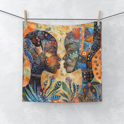 A colorful face towel with an abstract artistic design hanging on a clothesline.