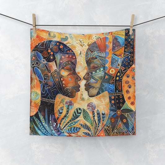 A colorful face towel with an abstract artistic design hanging on a clothesline.