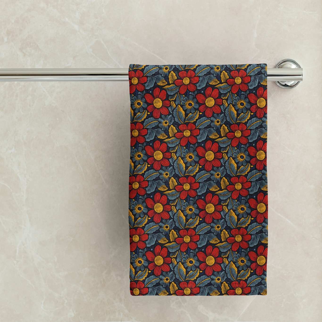 Floral patterned towel hanging on a rack against a beige tiled wall.