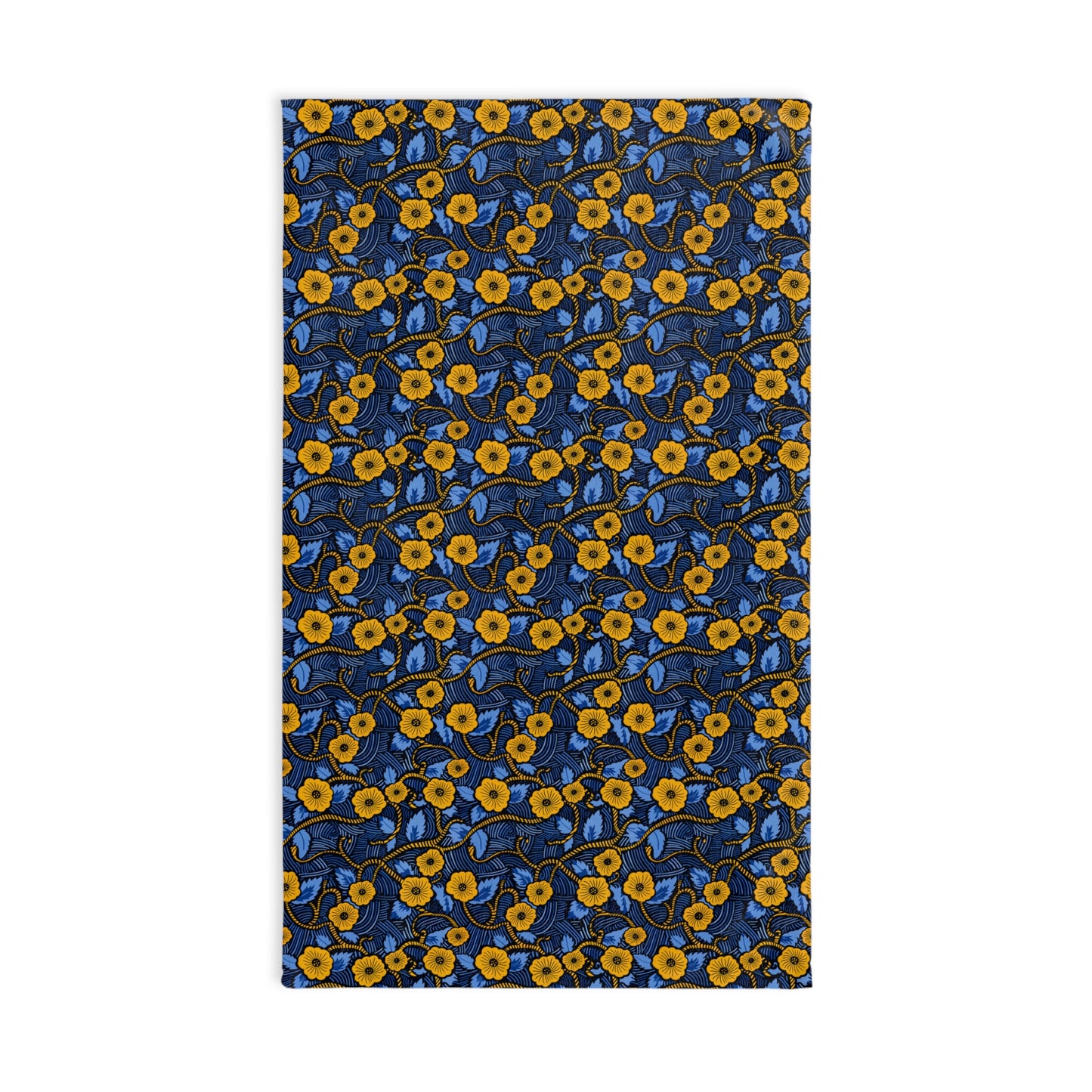 Boho bath linens with yellow floral pattern on a blue background