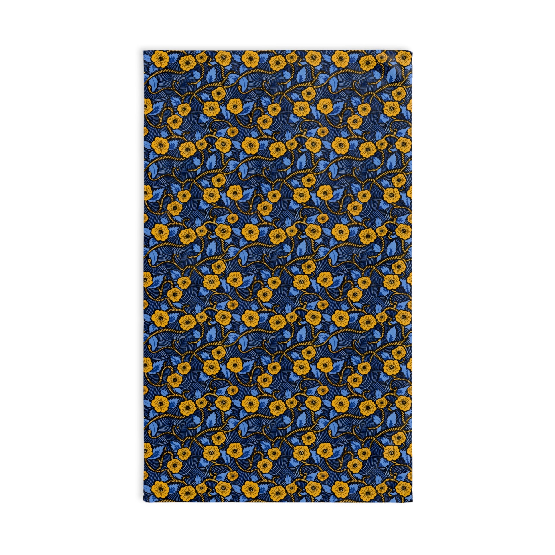 Boho bath linens with yellow floral pattern on a blue background
