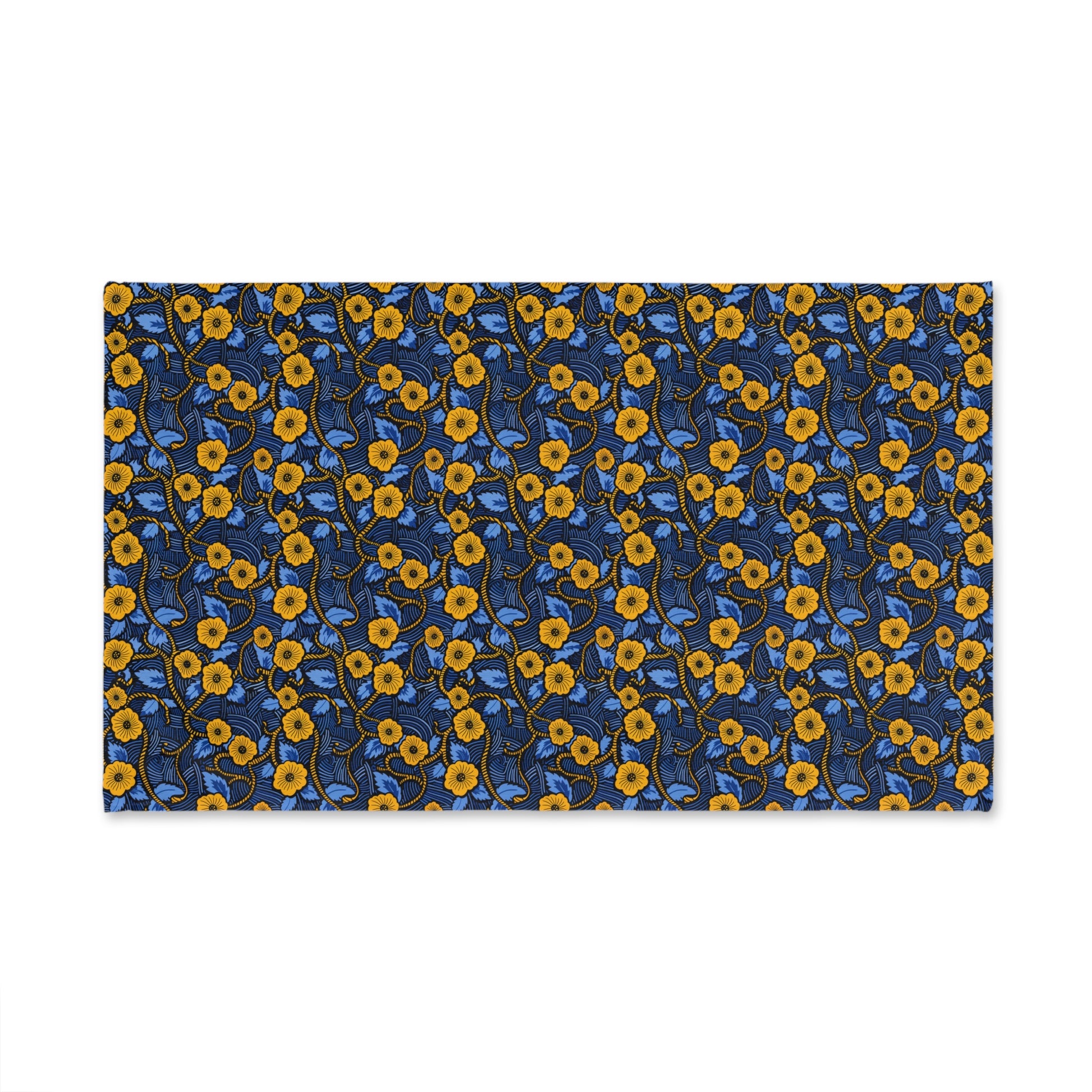 Decorative hand towel with a blue and yellow floral pattern on a white background