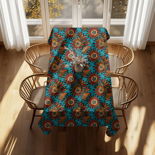 Colorful floral-patterned tablecloth on a wooden table with chairs in a bright room.