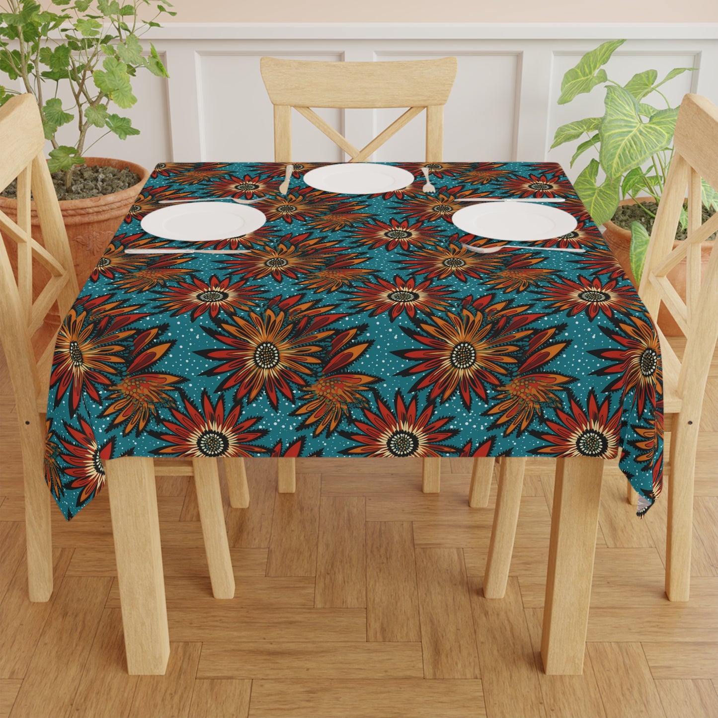 Boho tribal pattern tablecloth in modern kitchen