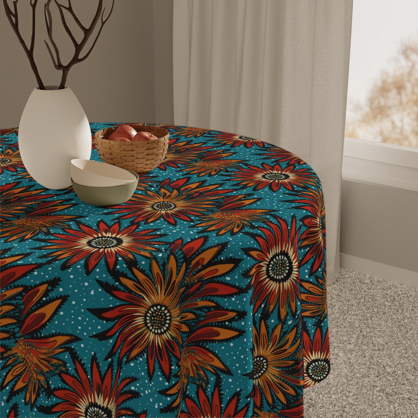 Boho tribal pattern tablecloth in modern kitchen