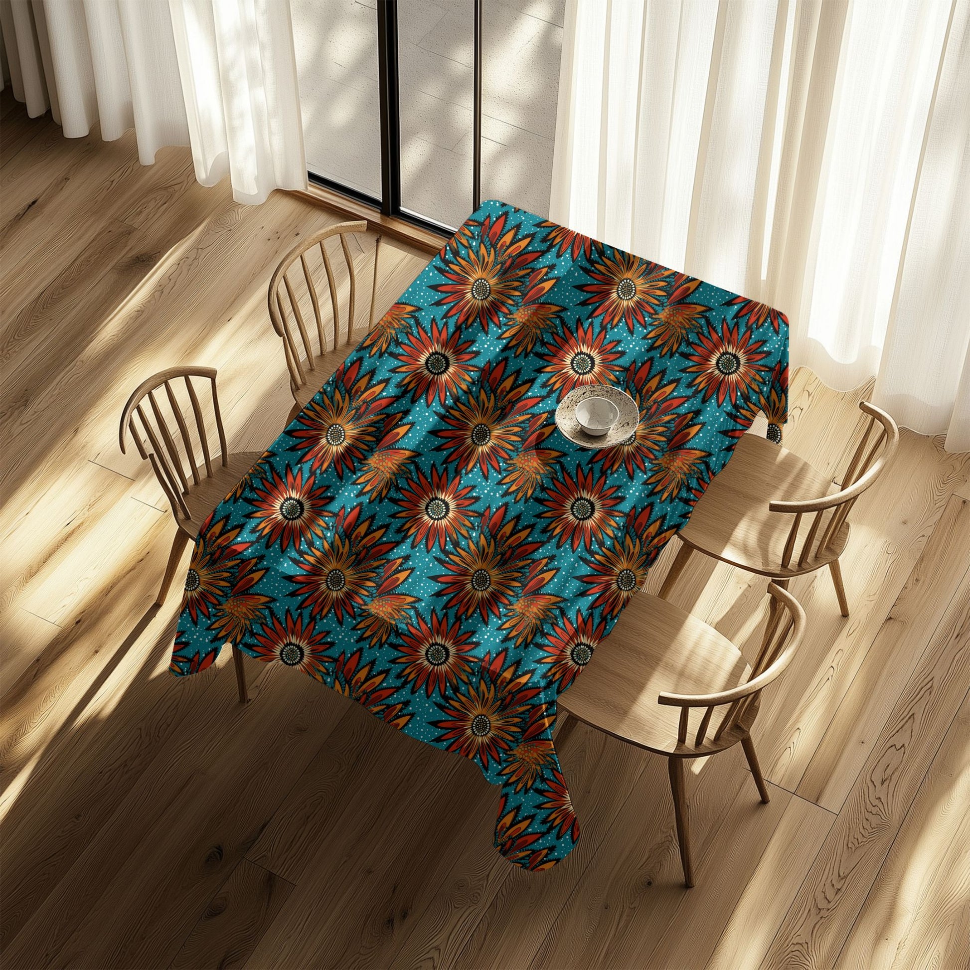 African mudcloth print tablecloth on dining table