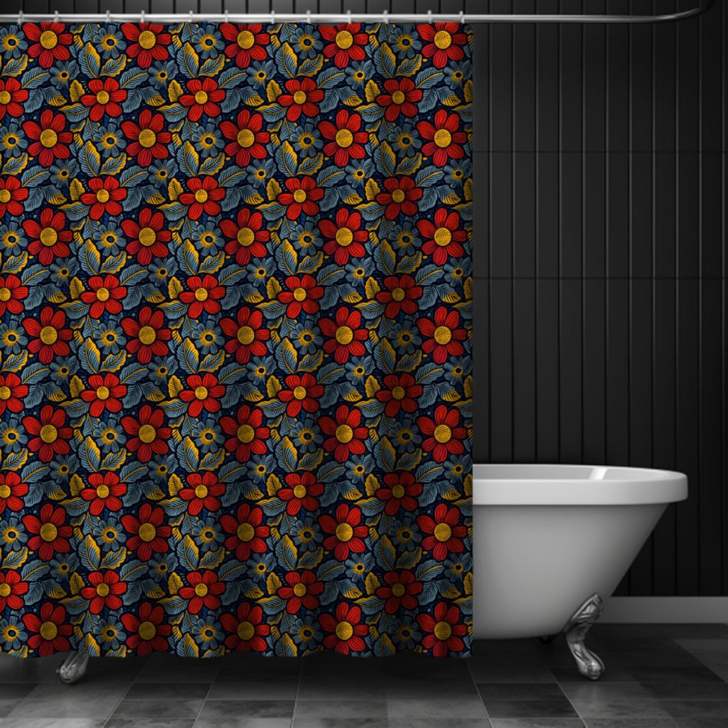 Colorful floral-patterned shower curtain in a bathroom setting.
